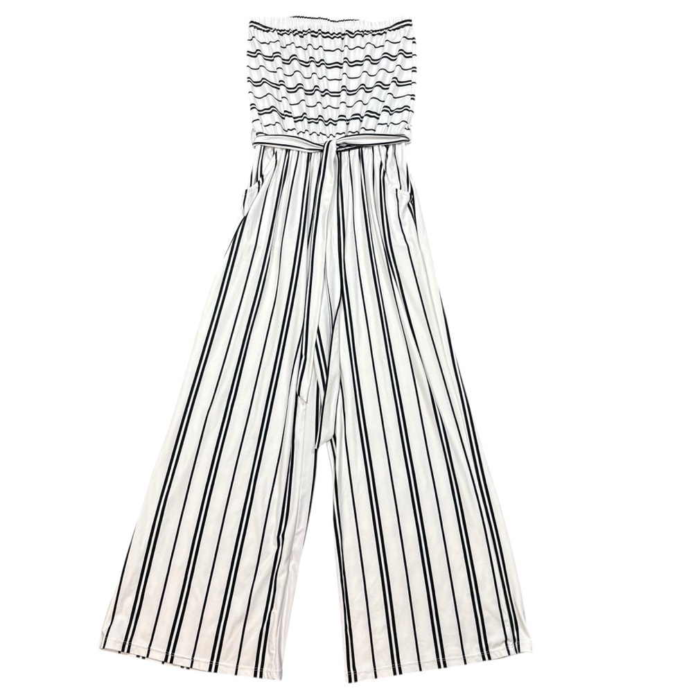 Mia Rose Strapless Striped Jumpsuit Wide Leg Black White Tie Waist Size L